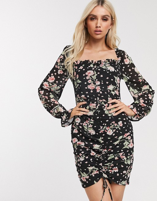 PrettyLittleThing milkmaid dress with ruched details in black spot floral