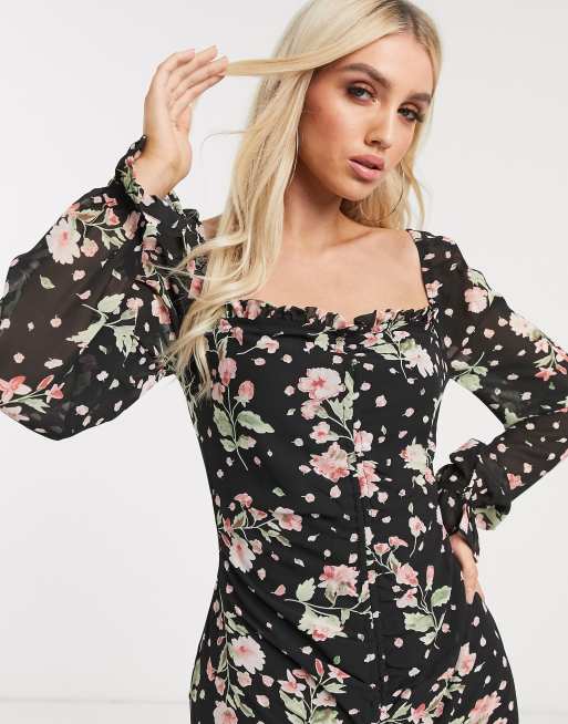 PrettyLittleThing milkmaid dress with ruched details in black spot