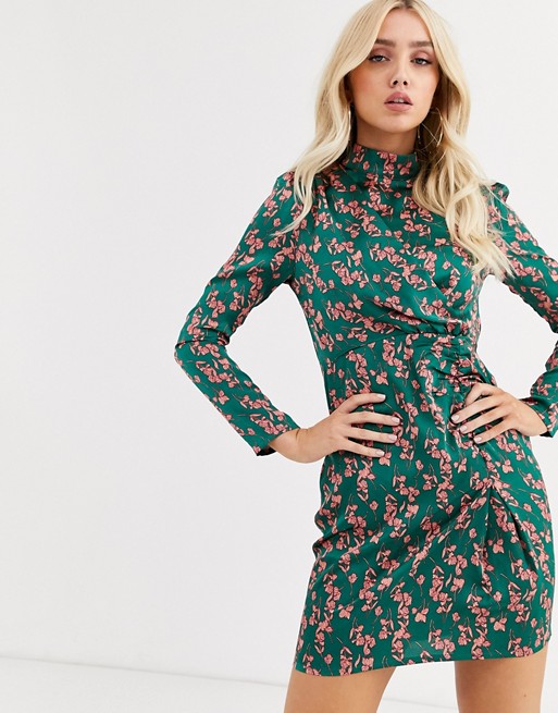 PrettyLittleThing mini dress with high neck and gathered skirt in green floral