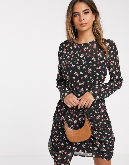 PrettyLittleThing mini dress with twist detail in black ditsy floral