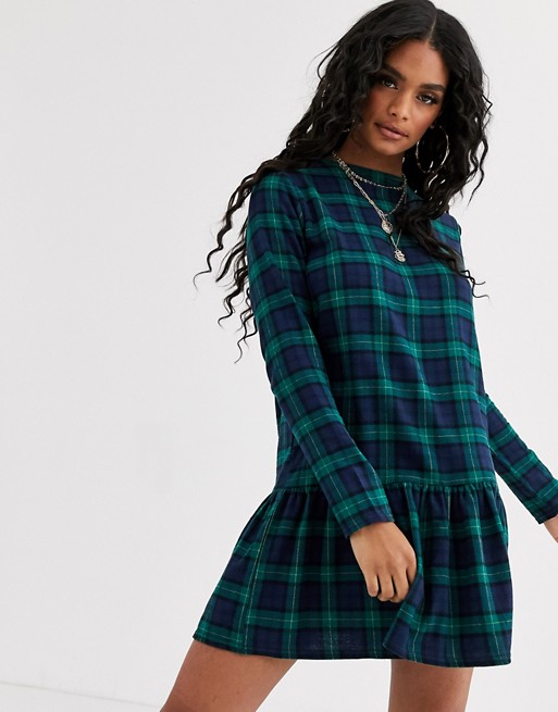 PrettyLittleThing mini shift dress with peplum frill hem in navy brushed check