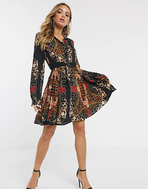 PrettyLittleThing mini shirt dress with pleated skirt in black scarf print