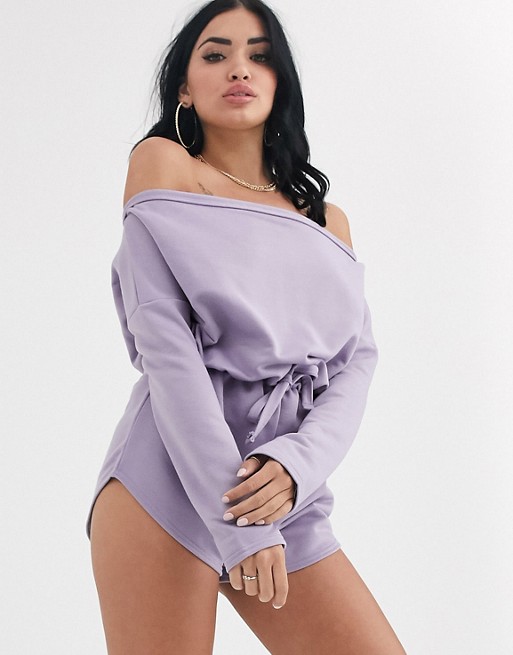 PrettyLittleThing off shoulder playsuit with tie waist in lilac