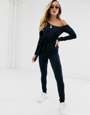 off the shoulder navy jumpsuit