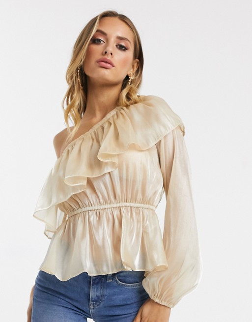 PrettyLittleThing one shoulder blouse with frill detail in pale gold shimmer