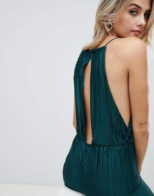 prettylittlething open back culotte jumpsuit in green