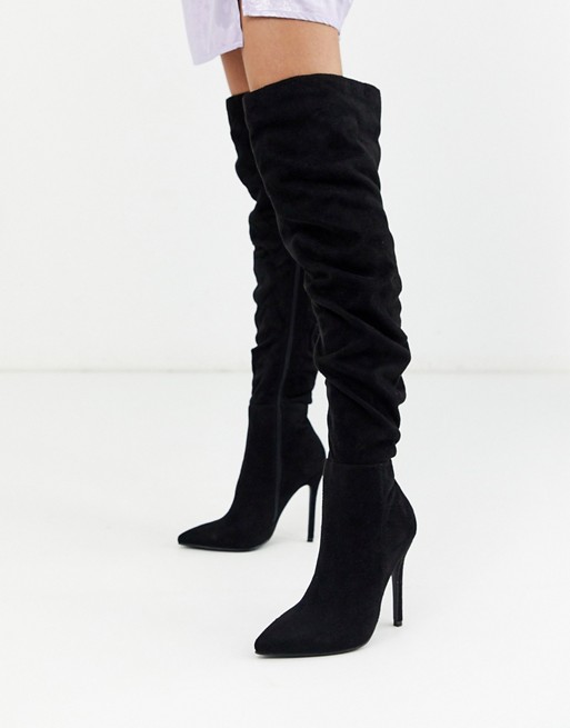 PrettyLittleThing over the knee high heeled slouchy boot in black