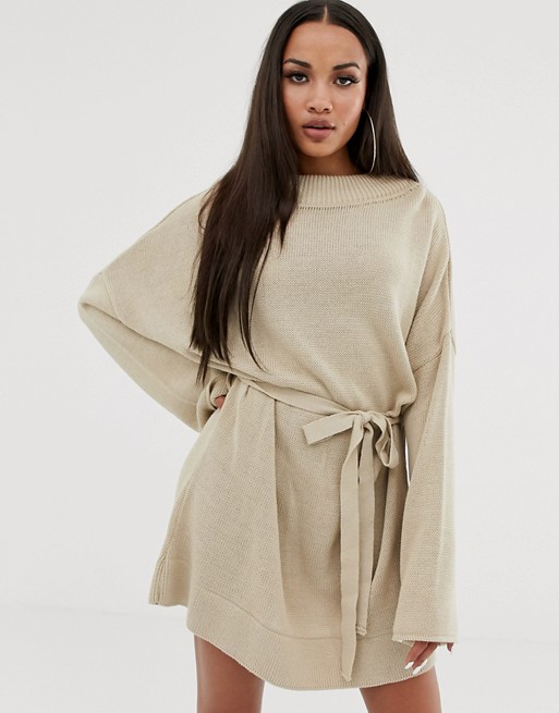 PrettyLittleThing oversized knitted belted dress in stone
