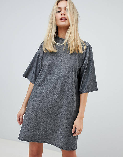 PrettyLittleThing oversized t-shirt dress in black glitter | ASOS