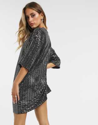 PrettyLittleThing oversized t-shirt dress in dark grey glitter