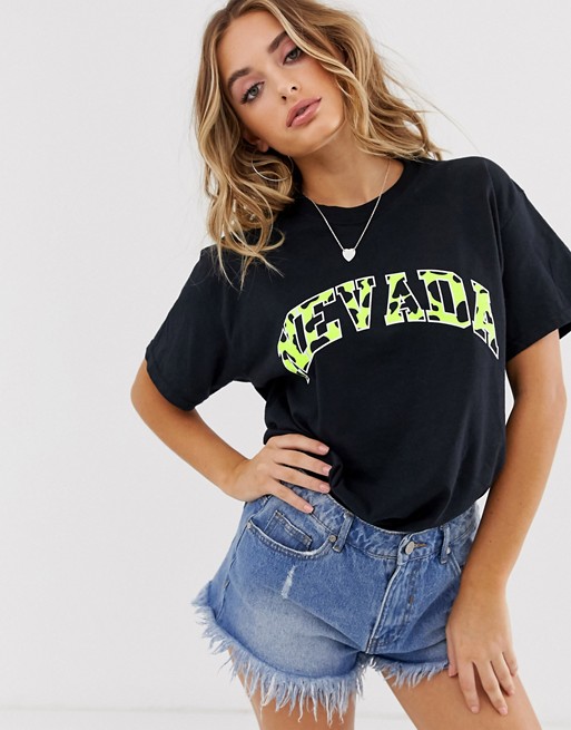 PrettyLittleThing oversized t-shirt with Nevada slogan in black