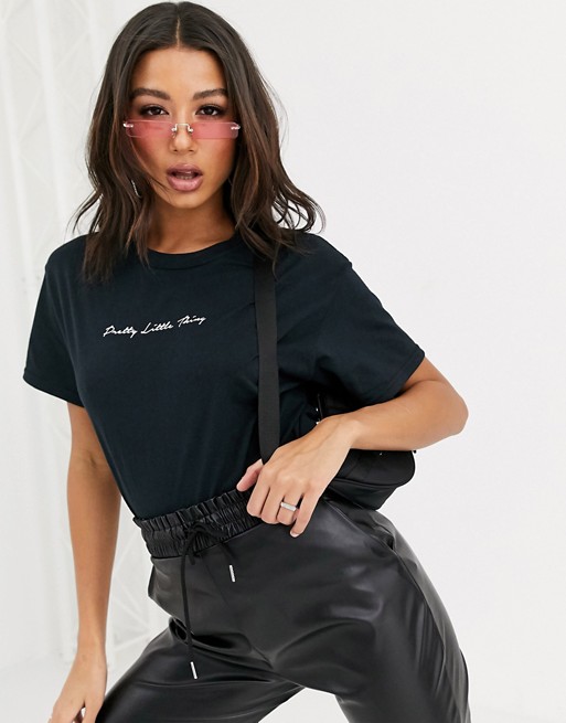 PrettyLittleThing oversized t-shirt with slogan in black