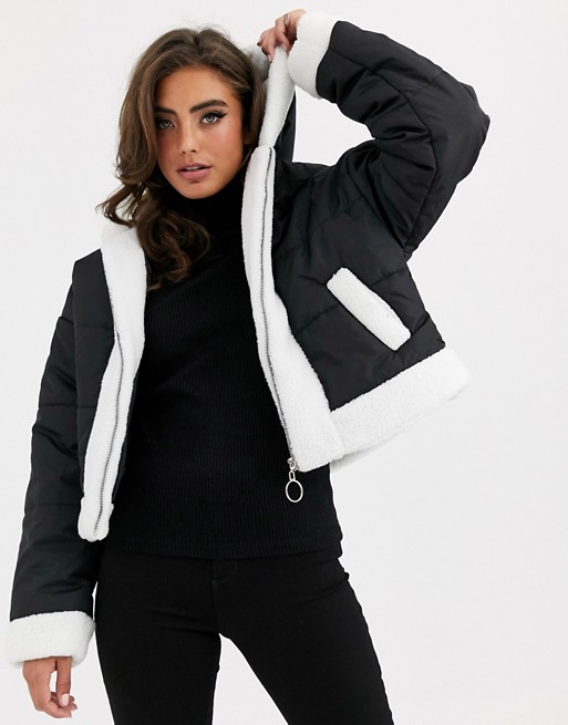 PrettyLittleThing padded jacket with contrast borg trim in black