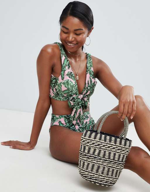 PrettyLittleThing Palm Print Tie Front Bikini ASOS