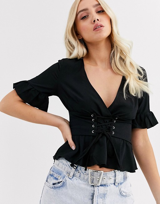 PrettyLittleThing peplum blouse with corset detail in black | ASOS