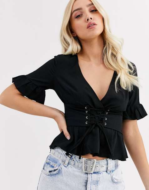 PrettyLittleThing peplum blouse with corset detail in black