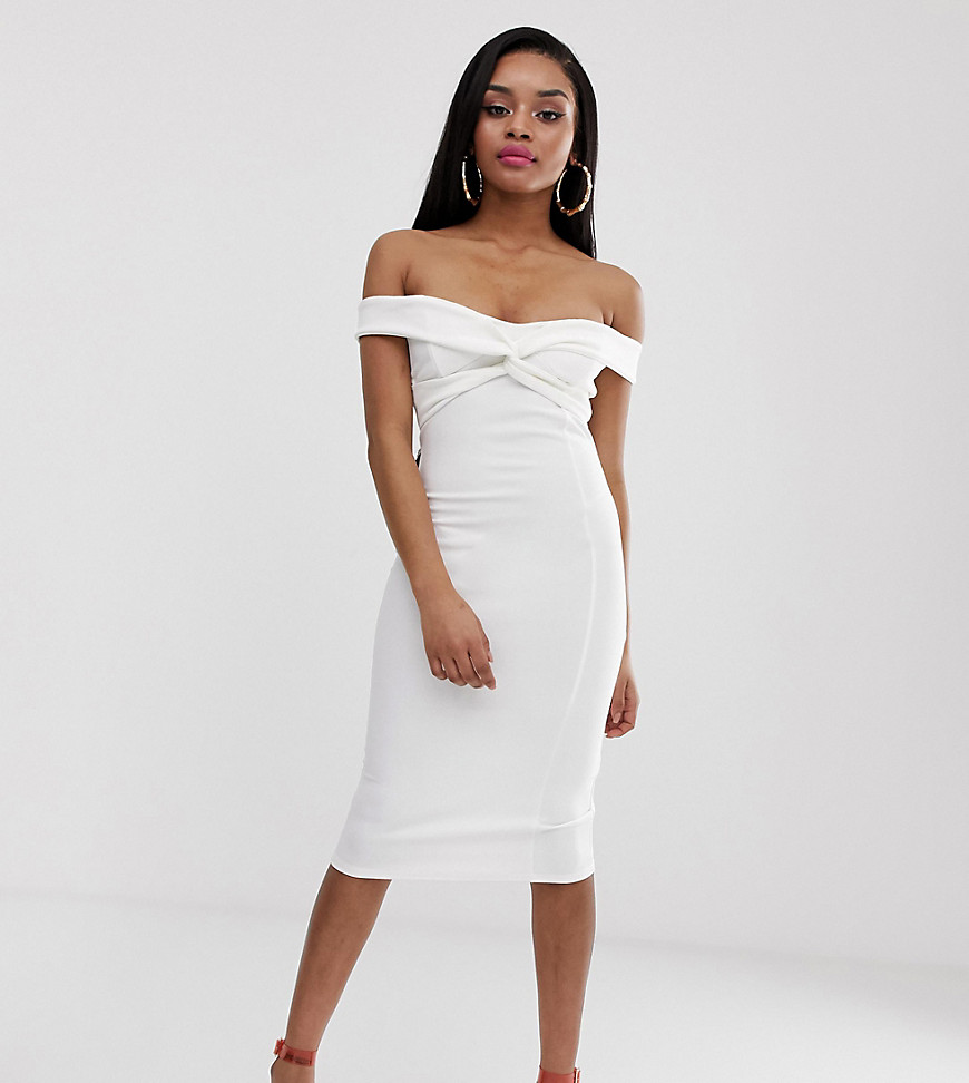 PrettyLittleThing Petite bardot bodycon midi dress with twist front detail in ivory-White