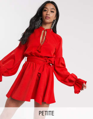 prettylittlething broderie mini dress with tiered skirt detail in red