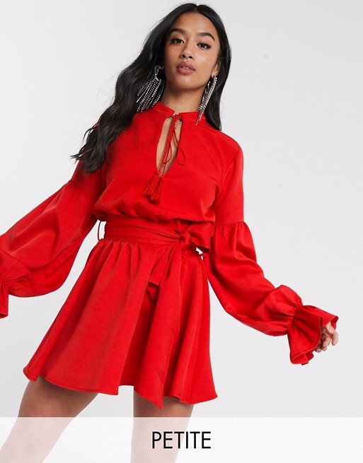 PrettyLittleThing Petite belted skater dress with tie neck and balloon sleeves in red