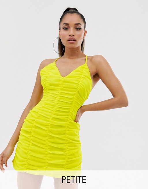 PrettyLittleThing Petite bodycon dress in ruched yellow chiffon
