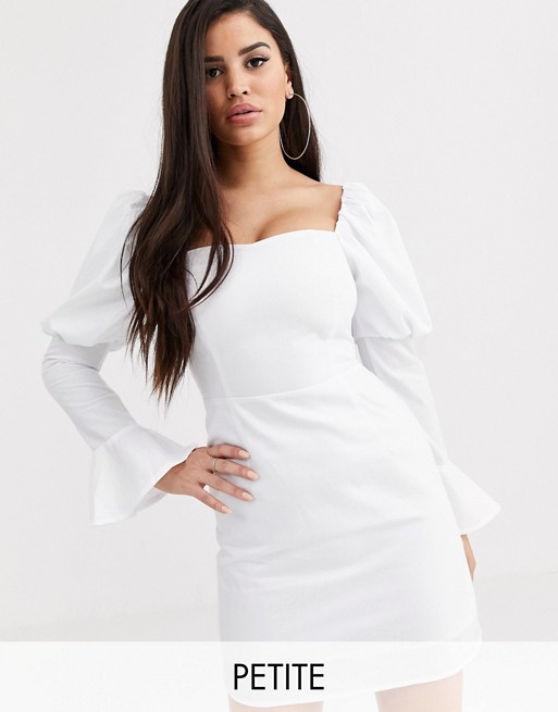 PrettyLittleThing Petite bodycon dress with puff sleeves in white