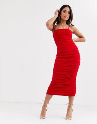 red bodycon ruched dress