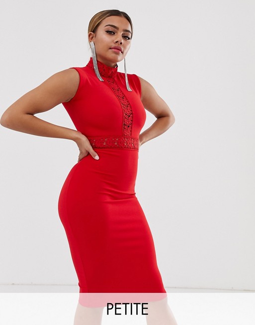 PrettyLittleThing Petite bodycon midi dress with high neck and lace inserts in red