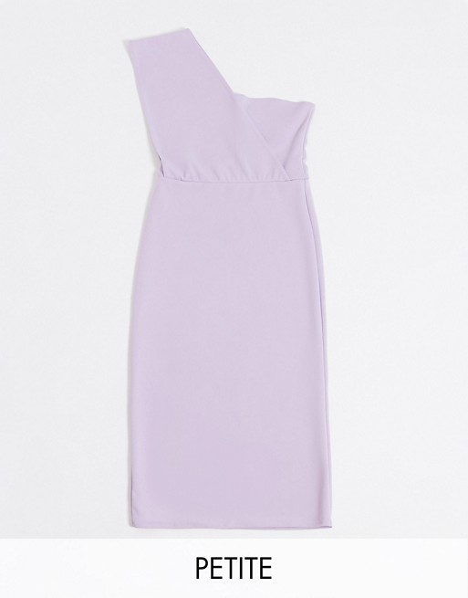 PrettyLittleThing Petite bodycon midi dress with one shoulder in lilac