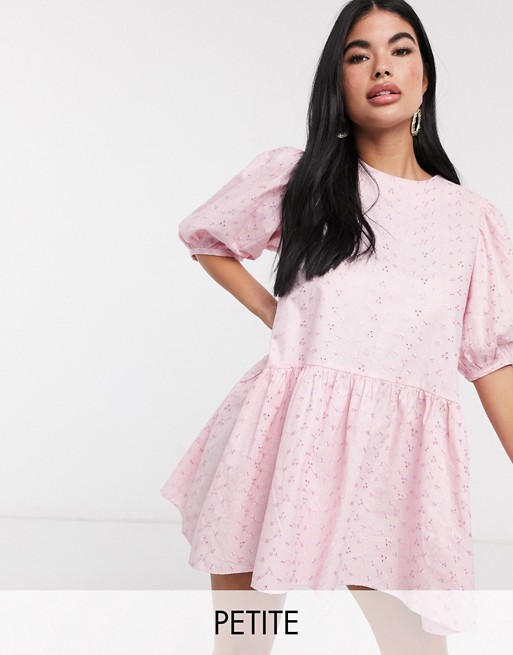PrettyLittleThing Petite broderie frill smock dress in pink