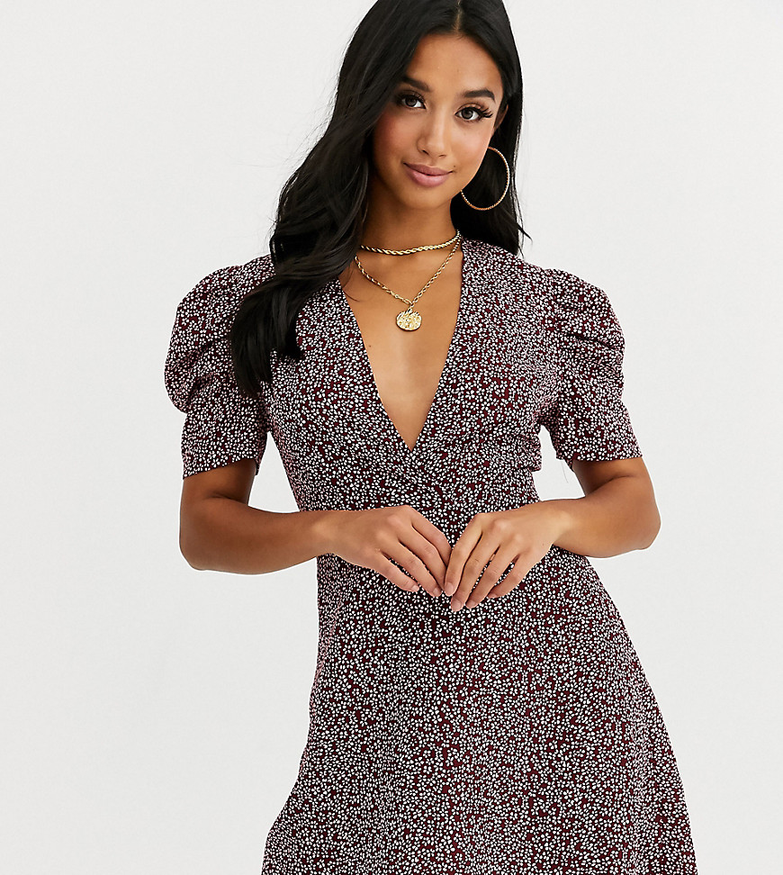 PrettyLittleThing Petite exclusive mini dress with plunge neck in burgundy ditsy floral-Multi