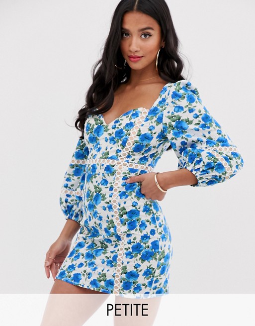 PrettyLittleThing Petite exclusive mini dress with puff sleeve in blue floral