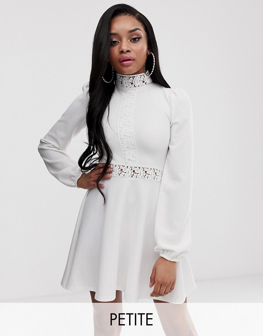 PrettyLittleThing Petite exclusive skater dress with lace inserts and balloon sleeves in white