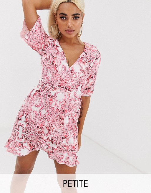 PrettyLittleThing Petite exclusive wrap dress in red porcelain print