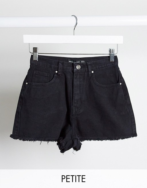PrettyLittleThing Petite high waisted denim shorts in black