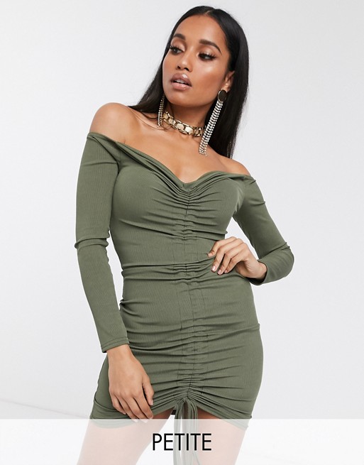 PrettyLittleThing Petite knitted mini dress with ruched front detail in khaki