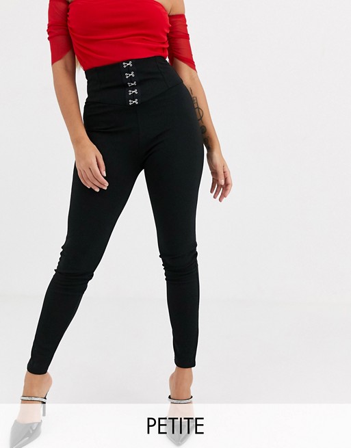 PrettyLittleThing Petite leggings with hook and eye corset detail in black