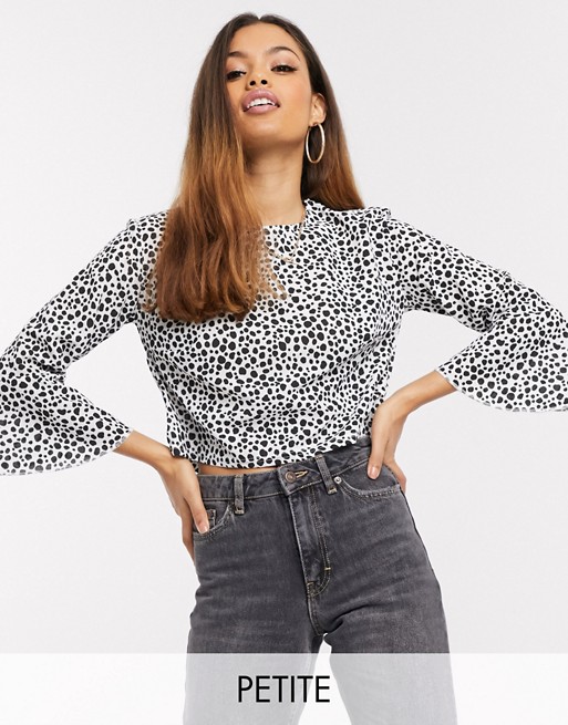PrettyLittleThing Petite long sleeve cropped blouse in polka dot