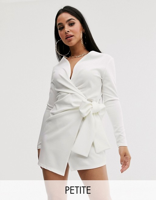 PrettyLittleThing Petite long sleeve dress with tie wrap in white
