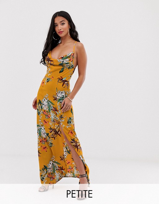 PrettyLittleThing Petite maxi dress with cowl neck and leg split in yellow floral