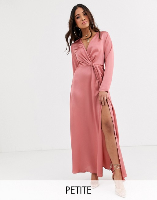 PrettyLittleThing Petite maxi dress with twist front and leg split in blush