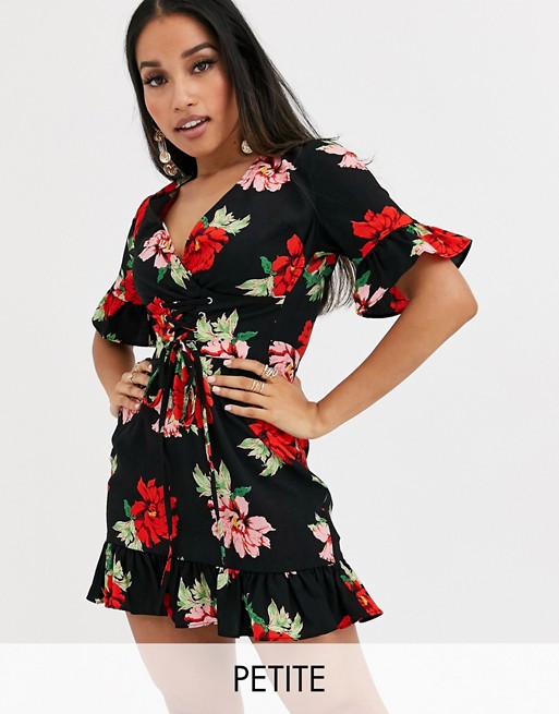 PrettyLittleThing Petite mini dress with corset waist in black floral