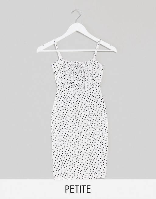 PrettyLittleThing Petite mini dress with ruched bust detail in white polka