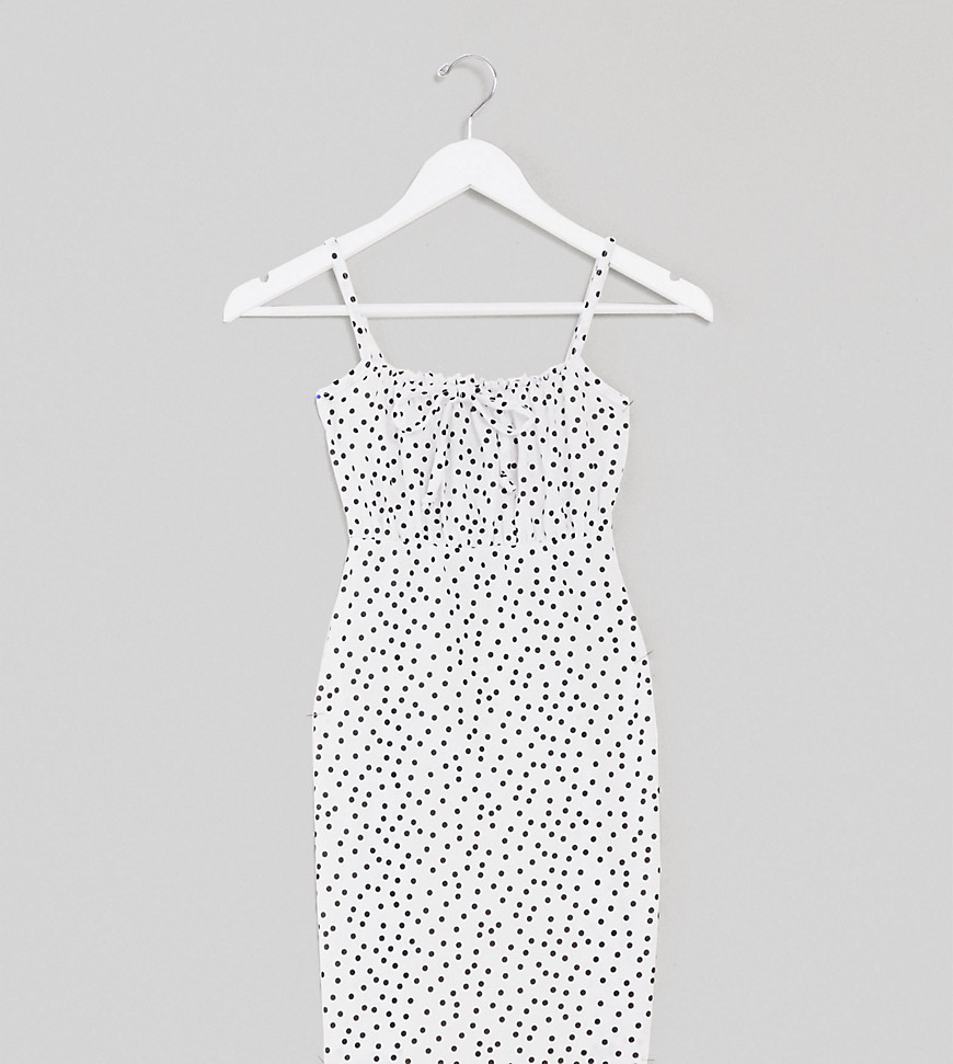 PrettyLittleThing Petite mini dress with ruched bust detail in white polka-Multi