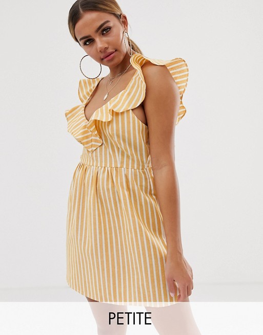 PrettyLittleThing Petite mini dress with v neck and frill sleeve detail in yellow stripe