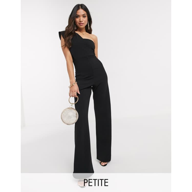 Petite Black One Shoulder Ruched Wide Leg Jumpsuit