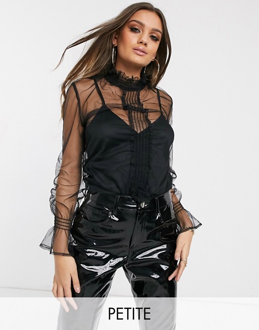 PrettyLittleThing Petite organza high neck blouse in black