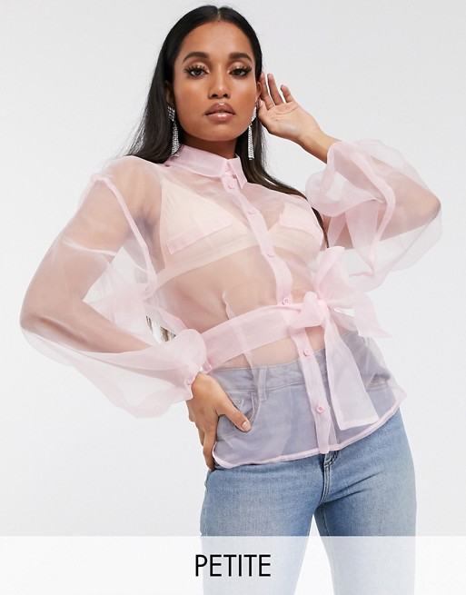 PrettyLittleThing Petite organza shirt with puff sleeves and tie waist in  blush