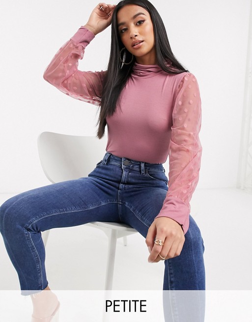 PrettyLittleThing Petite roll neck body with mesh sleeves in rose