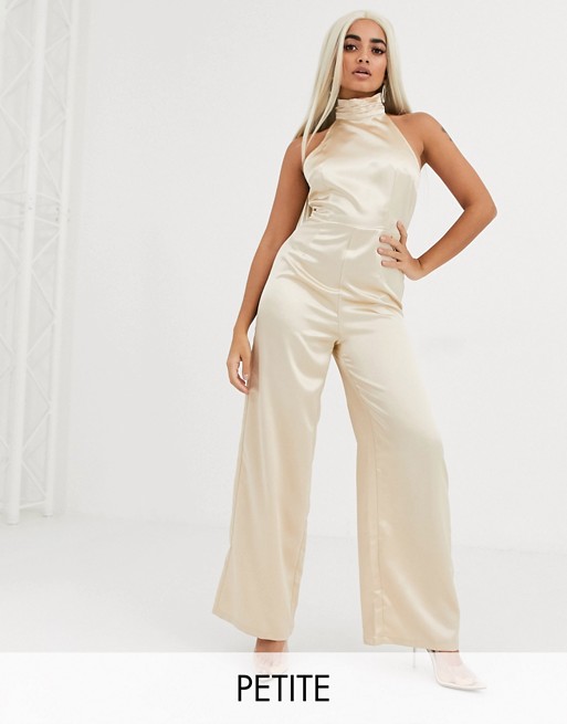 PrettyLittleThing Petite satin wide leg jumpsuit with high neck in pale gold