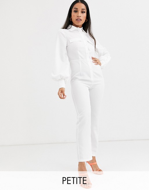 PrettyLittleThing Petite shirt jumpsuit with puff sleeves in white